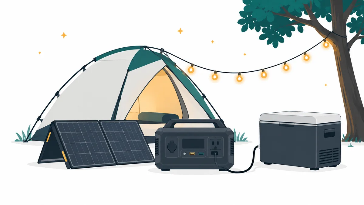 Portable power station at a campsite powering a string of lights and a 12V cooler next to a tent