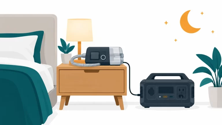 Portable power station on a nightstand next to a CPAP machine in a dim bedroom