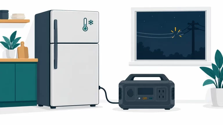Portable power station plugged into a kitchen refrigerator during a power outage