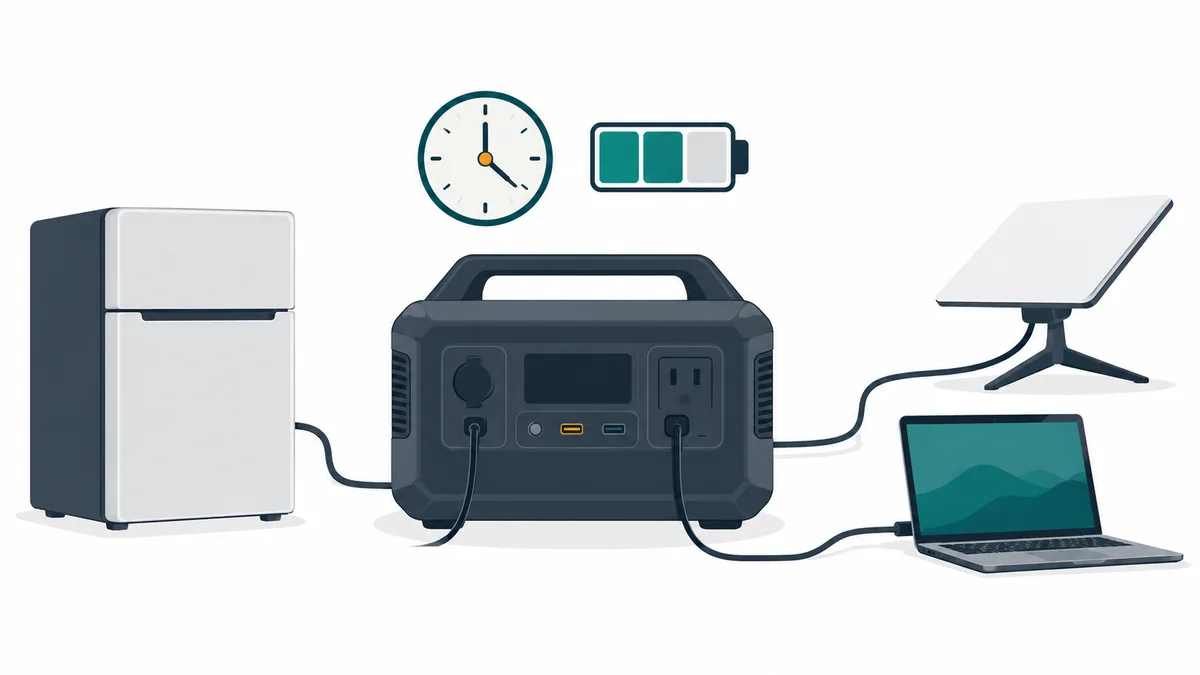 Flat illustration of a portable power station connected to a fridge, a laptop and a satellite dish, with a clock showing runtime