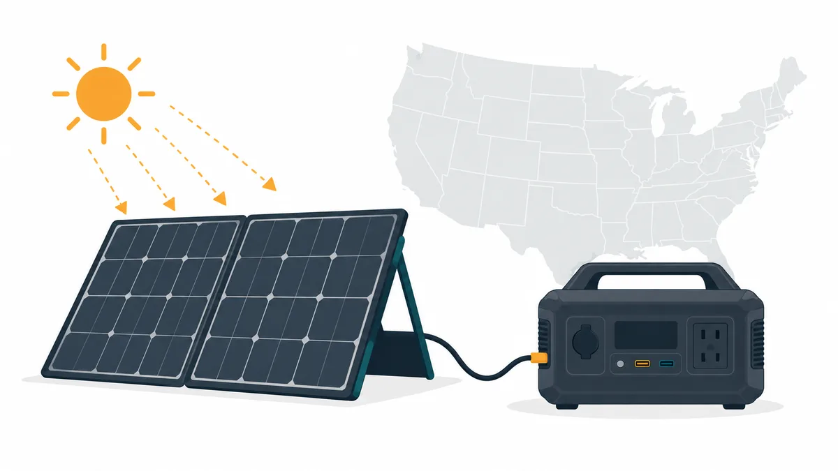 Folding solar panel angled toward the sun and connected to a portable power station
