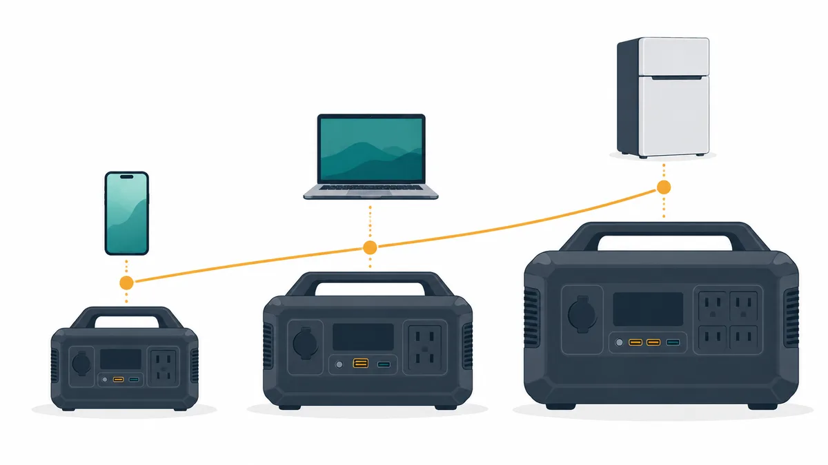 Three portable power stations of increasing size next to a phone, a laptop and a refrigerator